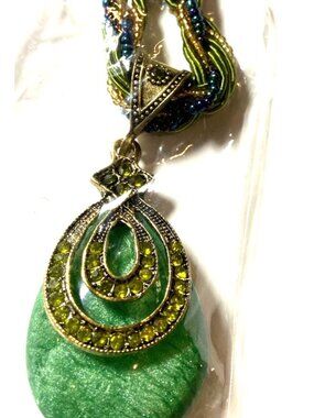 Bohemian Braid Necklace Green Resin Pendant 16" Blue & Gold Beads, Green Thread